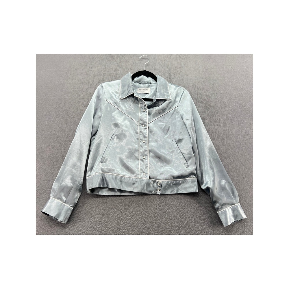Urban Outfitters Satin Western Bomber Jacket Womens M Floral Embroidery Blue